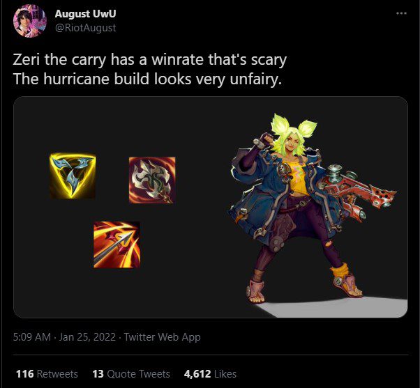 Riot August recently shared that the item build centered around Runaan's Hurricane for Zeri is very unbalanced