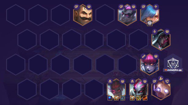 The complete composition at the end of the game (if you do not have the Gang Emblem, it is advisable to replace Zyra with any Mage unit)