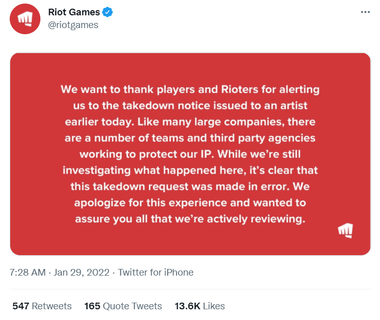 Riot's apology only angered the community more as they just placed blame without even mentioning the falsely accused artist
