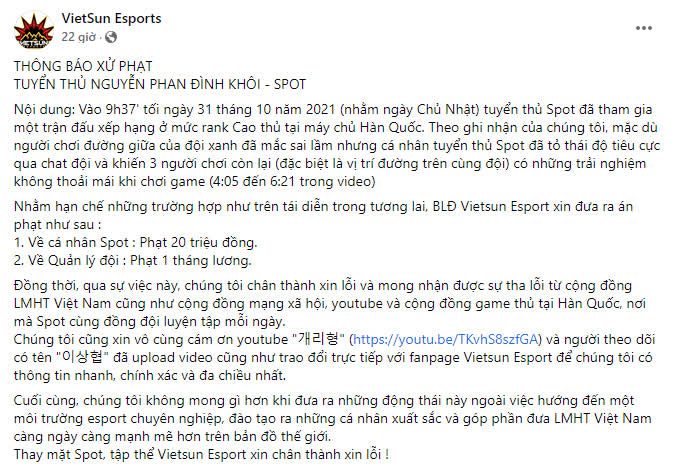 Spot was penalized by VietSun Esports for toxic behavior