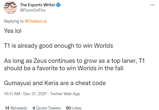 Journalist FionnOnFire unexpectedly predicts early that T1 will be a contender for the championship at Worlds 2022