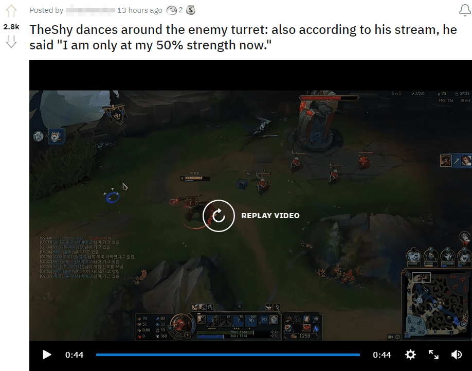 A post recording a clip of TheShy using Viktor to solo kill Fiora right under the opponent's turret