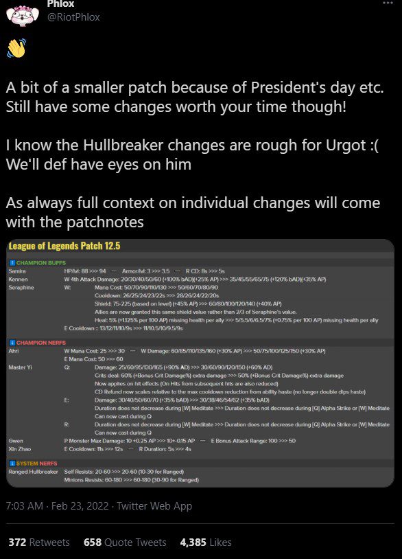 Riot Phlox recently shared that they will heavily nerf the Hammer of Justice in the upcoming patch 12.5