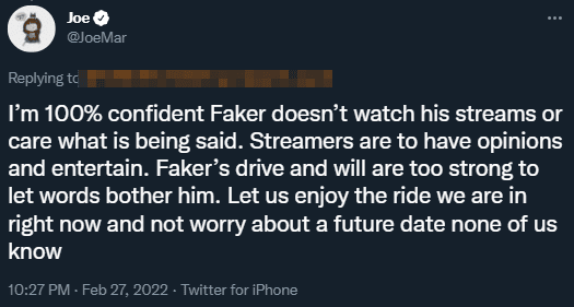 CEO Joe Marsh's indifferent attitude suggesting that Faker wouldn't care about what people say about him, and that streamers have their own opinions, advising fans to relax