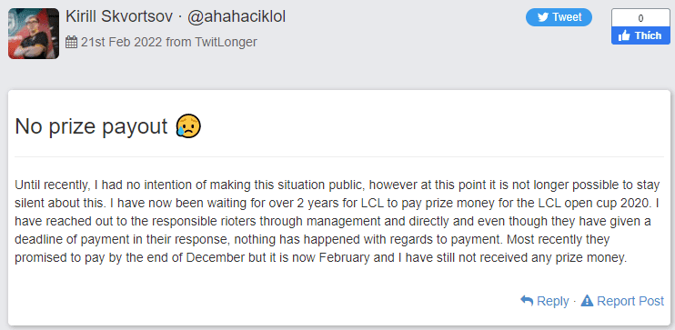 About a week ago, player AHAHACIK (the jungler for Unicorns of Love at the 2021 World Championship) exposed the LCL tournament for owing prize money for 2 years