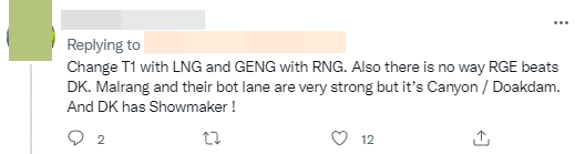 Swap T1 with LNG and Gen.G with RNG. And it can't be RGE over DK. Malrang and the bot duo are strong, but DK has Canyon, Deokdam, and ShowMaker