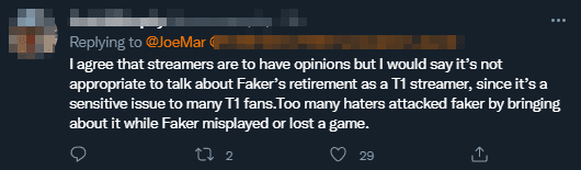 I agree streamers have the right to say whatever they like, but it's inappropriate for a T1 streamer to talk about Faker's retirement. Haters attack Faker with those arguments every time he loses or makes a mistake