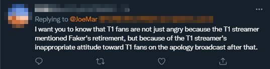 Fans are not only upset because a T1 streamer mentioned Faker's retirement but also because the subsequent apology showed contempt for T1 fans