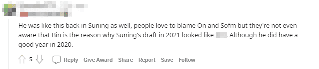Bin looks just like SN back then, people tend to blame SofM and ON but they don't realize SN's bad bans/picks were due to Bin. Although in reality he did have a good year in the 2020 season