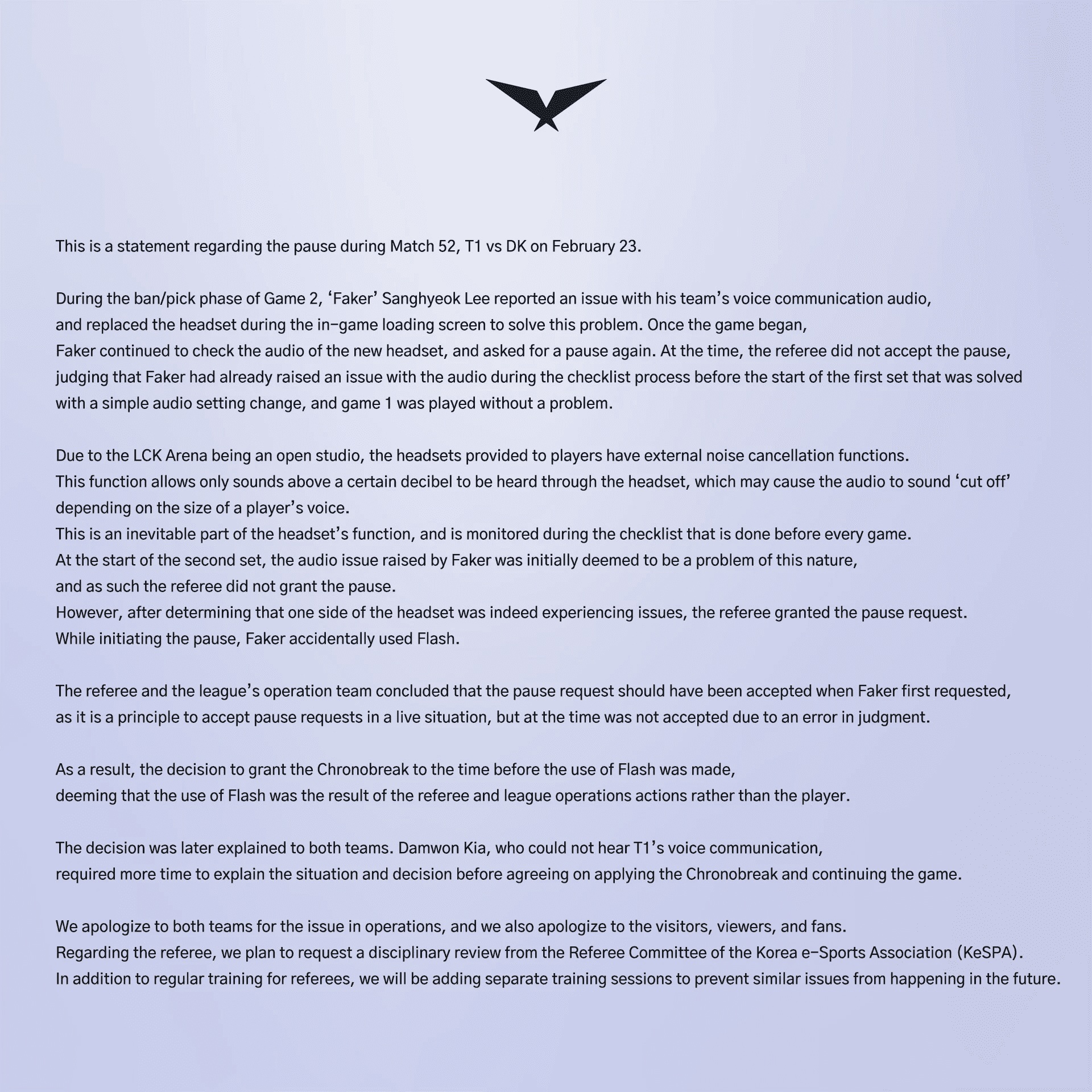 Announcement from the LCK organizers regarding the incident