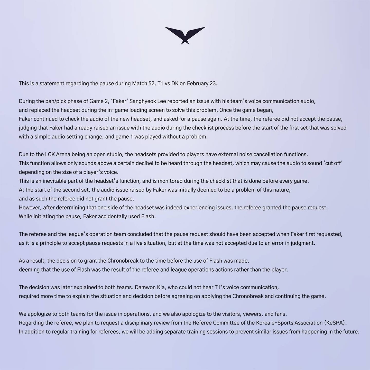 LCK organizers' explanation for Faker's incident in the T1 - DK match