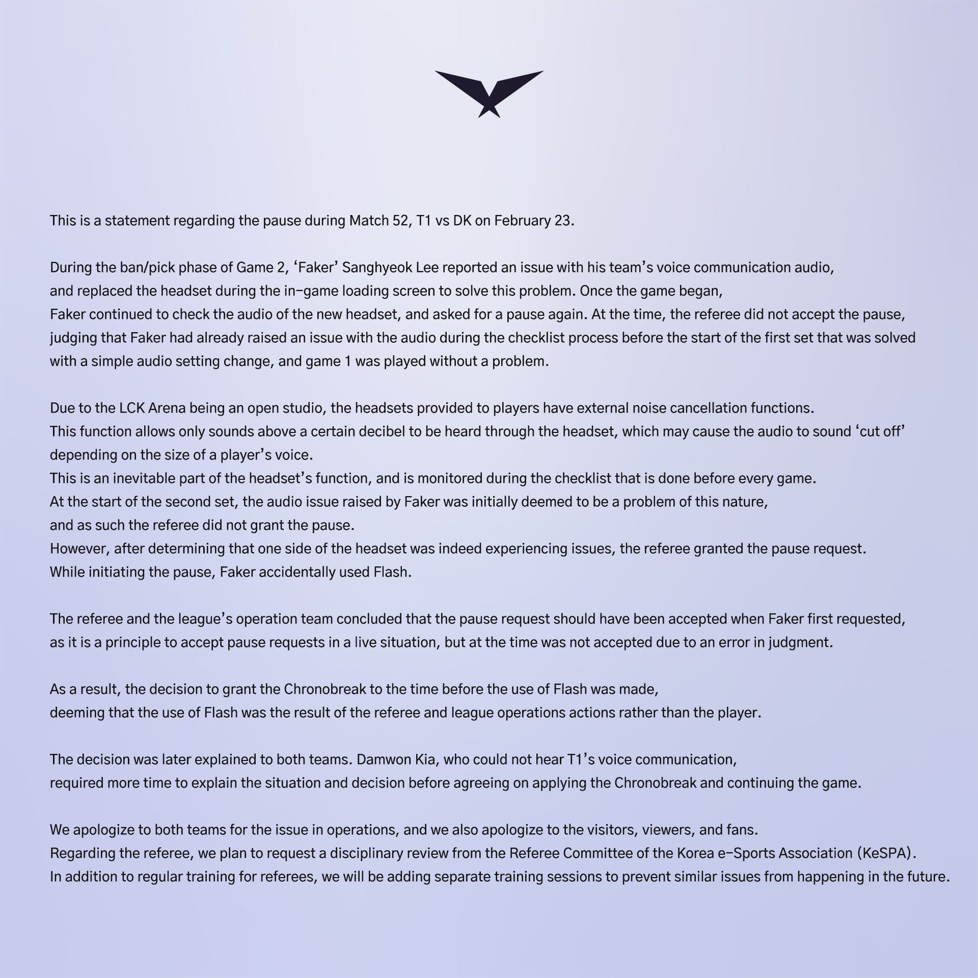 LCK officials' announcement regarding the headset issue with Faker in the T1 - DK match