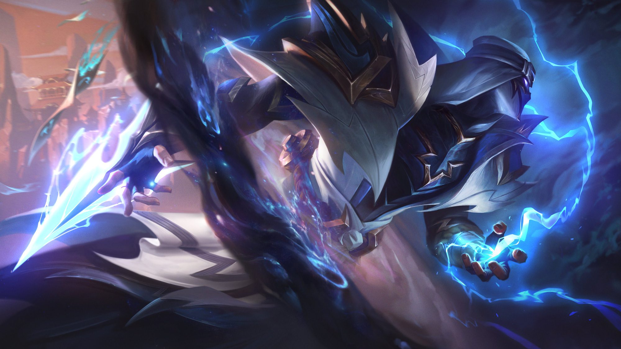 Splash art of the Thunderblade skin line: Shen, Qiyana, Kassadin