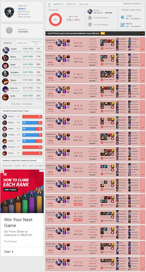 A very 'eye-watering' match history when this player brought Yuumi with Smite to top
