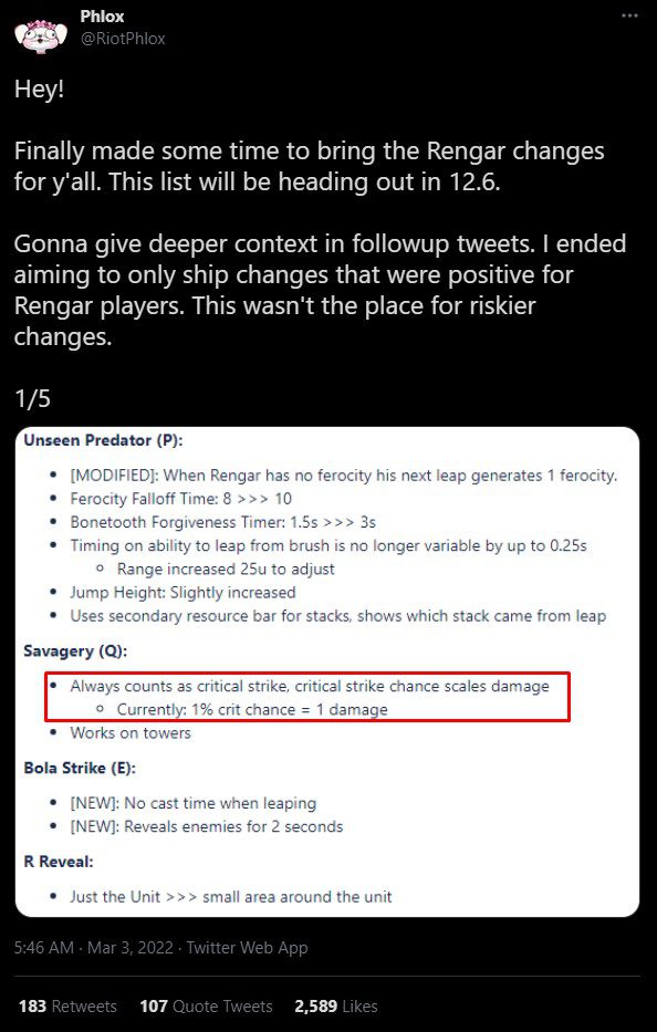 Rengar's 'new' Q ability will always be considered a critical strike and damage will be increased based on critical strike ratio