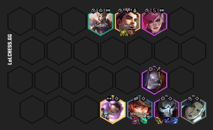 The complete composition at level 8; you can replace Zeri with Ashe if you don’t roll her.