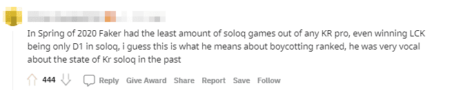In Spring 2020, Faker had the fewest ranked matches among Korean players, even after winning LCK his rank remained at Diamond 1. I guess this might be Faker boycotting ranked, which he warned about in the past.