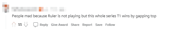 People are going crazy because Ruler didn't play but T1 won with a 'top handicap' match