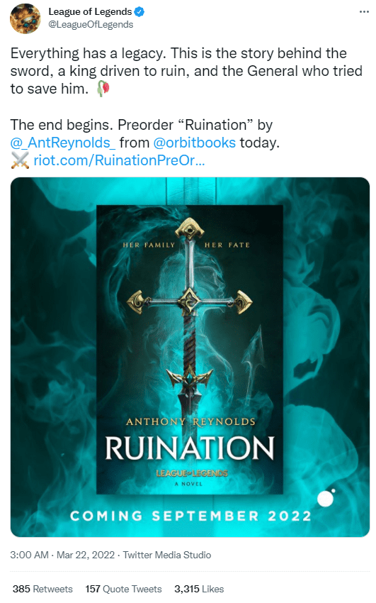 The novel Ruination is a promising work from Riot Games in collaboration with Orbit Books.