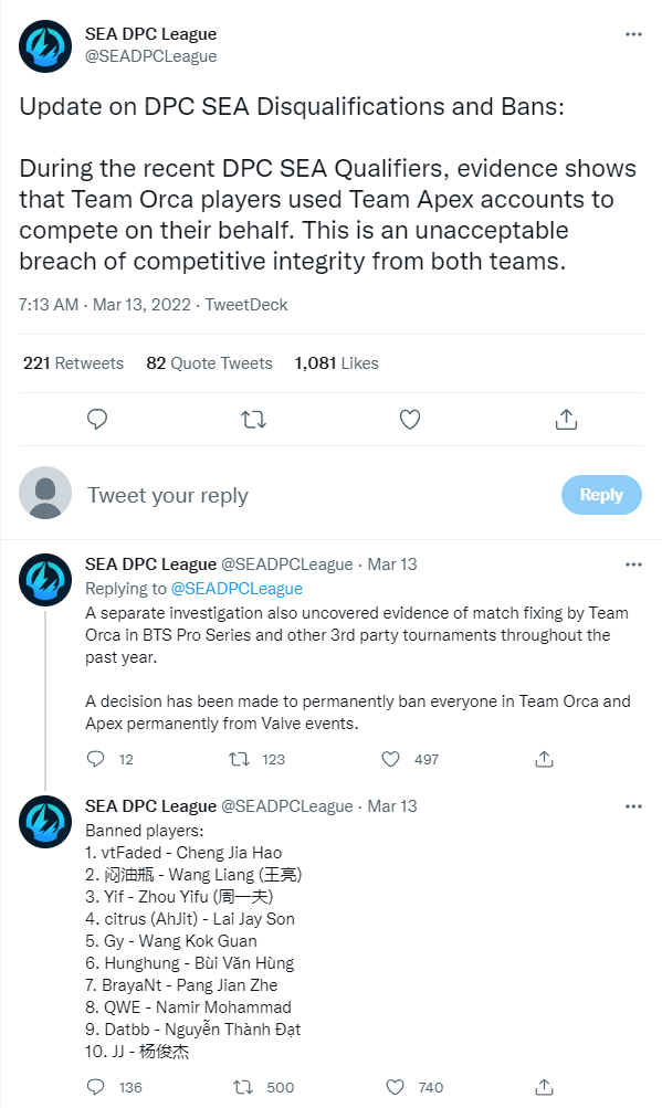The punishment issued by the DPC organizers for both Team Apex and Team Orca