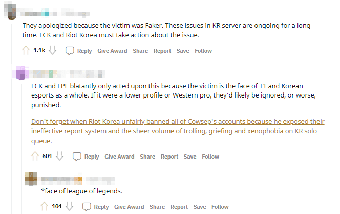 The League of Legends community perceives that the issue was resolved decisively because the victim was Faker, while toxic behavior and game sabotage have been occurring for a long time, especially in Korean ranks