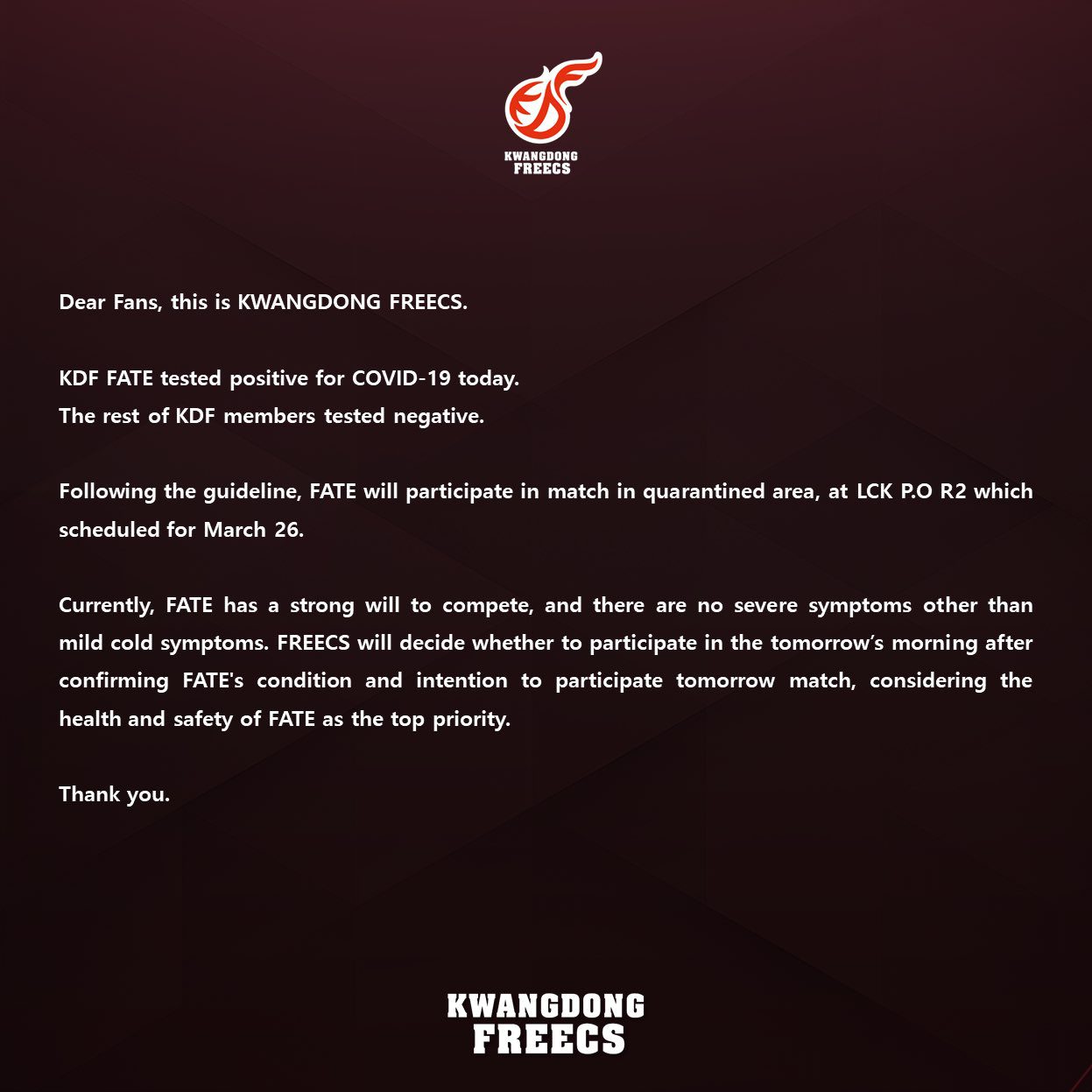 FATE - mid-laner of KDF confirmed to have contracted COVID-19