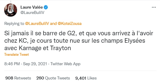 I wonder if female commentator Laure remembers her promise of 'running naked around the Élysée Palace' if Rekkles joined KC