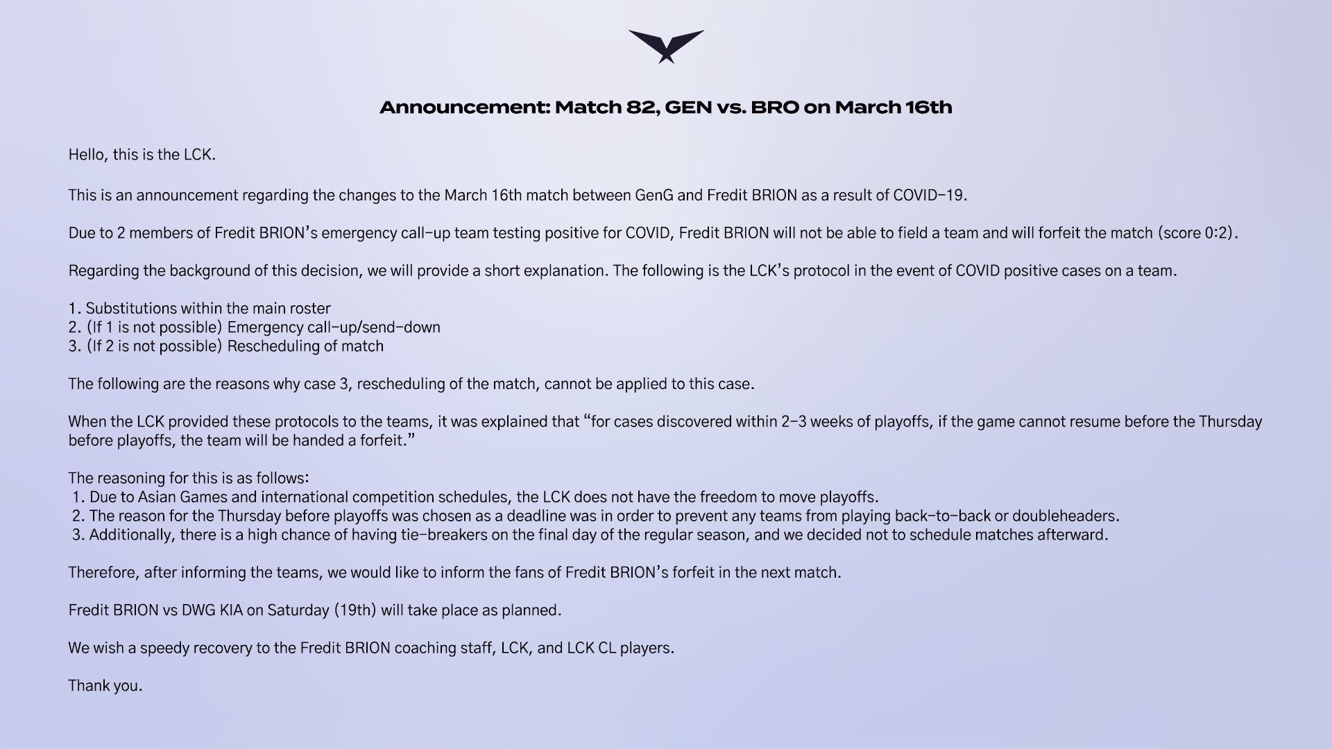 LCK organizers announce the decision to penalize BRO