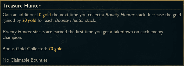 Details about the new rune - Treasure Hunter which has the ability to increase gold for players upon their first takedown of an enemy champion