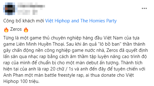 The rap show's fan page announces Zeros' challenge to rapper Anh Phan