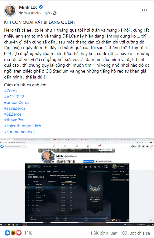 Zeros posted a picture claiming he reached rank 1 Challenger along with heartfelt words requesting an unban