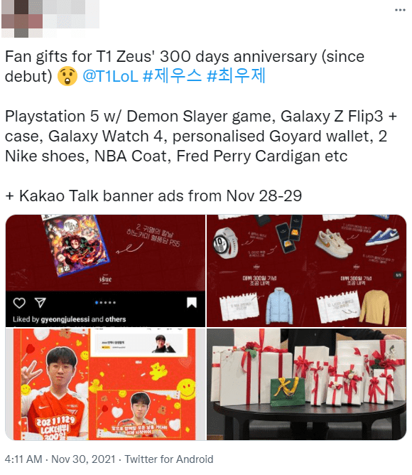 On the 300th day since his professional League of Legends debut, Zeus received numerous expensive gifts from fans, worth potentially hundreds of millions