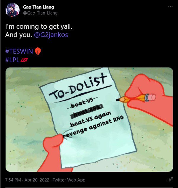 Tian recently had a moment of 'warning' for Jankos on Twitter