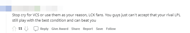 Stop 'crying' or using them as an excuse, LCK fans. You just can't accept that LPL can still play under the best conditions and potentially beat you