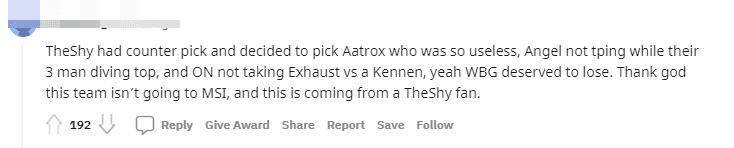 TheShy had a counter pick and chose Aatrox - the 'ineffective' champion. Angel did not Teleport when JDG dove the top turret, ON did not take Exhaust to counter Kennen, yes WBG deserved to lose. Thank goodness this team is not attending MSI, and this is from a fan of TheShy speaking
