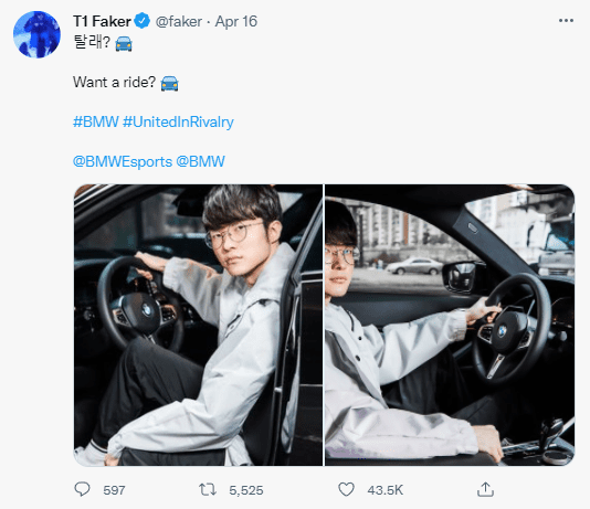 Faker's car advertisement post on Twitter