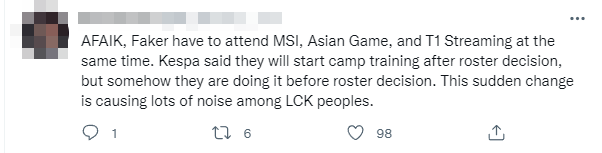 According to some rumors from LCK, KeSPA inadvertently added to Faker's busy schedule by starting to gather players to train for the Asiad 2022 team