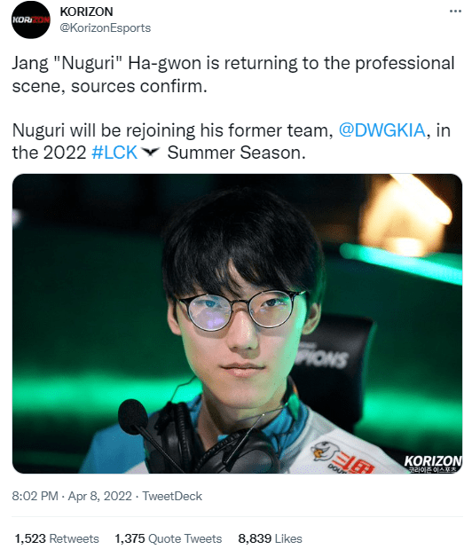 Korean site Korizon confirms Nuguri will return in DK colors