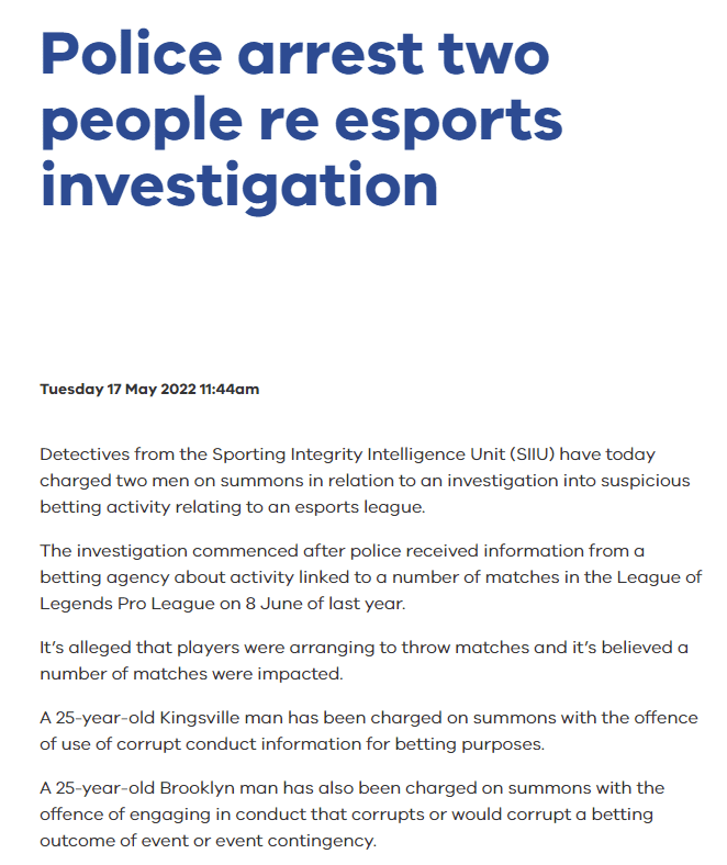 Announcement from the Victoria Police regarding the arrest of two men involved in inciting match-fixing related to the LPL tournament