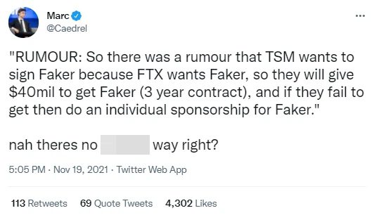 There were reports that TSM was willing to spend $40 million over 3 years to pay Faker's salary.