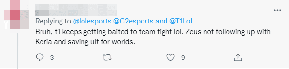 Bruh, T1 keeps getting trapped in team fights. Zeus couldn't keep up with Keria and he saved his ultimate for Worlds
