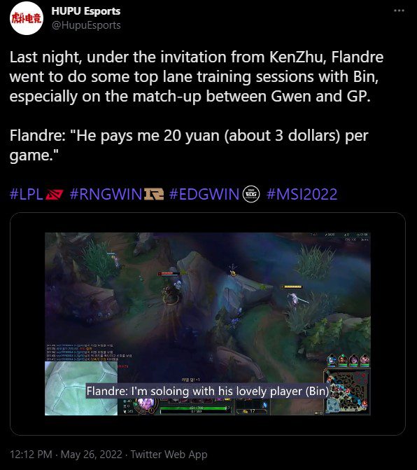 Flandre recently revealed that he has been practicing 1v1 with Bin on Gwen and Gangplank matchups