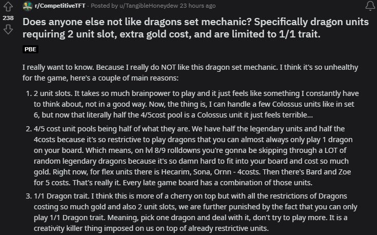 The post criticizing the design of the Dragon mechanic of Season 7 has received quite a bit of support on the Competitive TFT forum (where Teamfight Tactics experts discuss)
