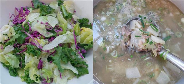 A lot of vegetables, even in the soup there is only a little meat