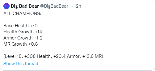 The account Big Bad Bear, well-known in the League community for often revealing the latest update information, states that Riot will buff the durability of all champions