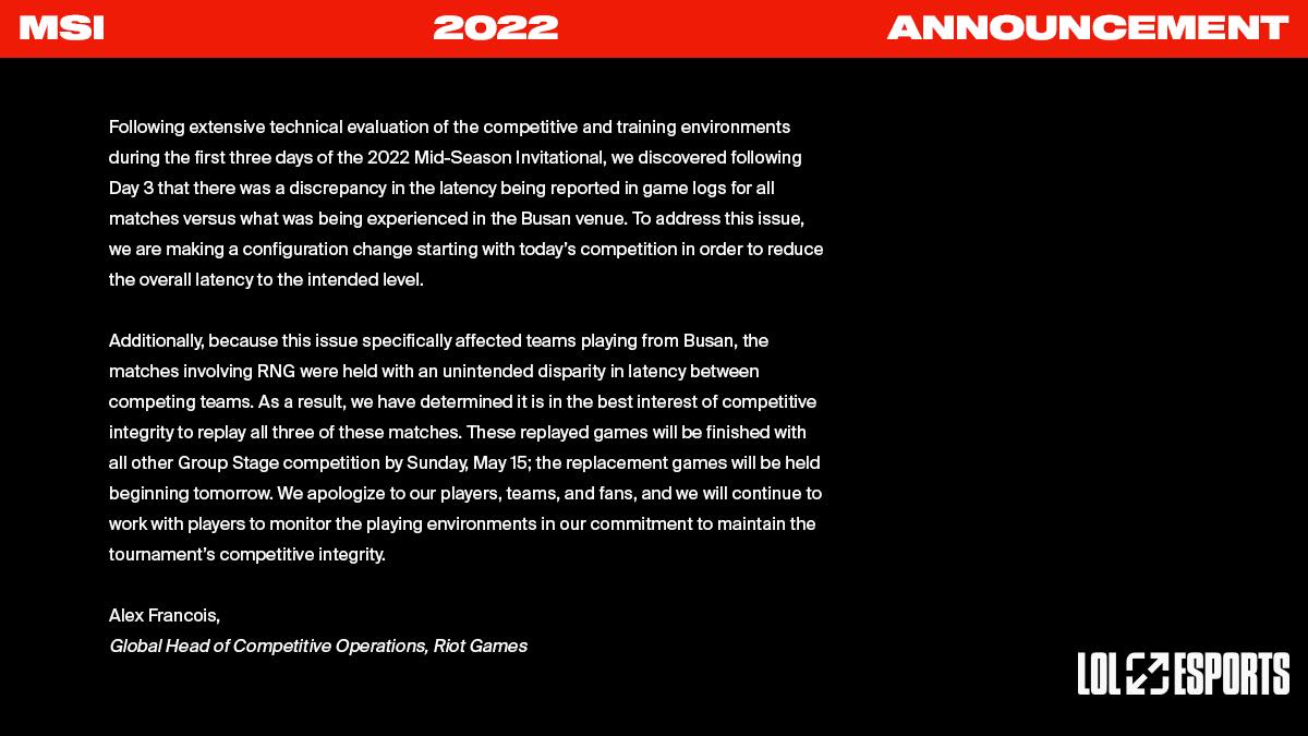 Riot announces cancellation of results, forcing RNG to replay 3 matches of the first round of the group stage while adjusting the configuration for a suitable ping of 35