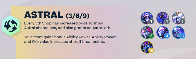 The Astral trait has three 1-cost champions