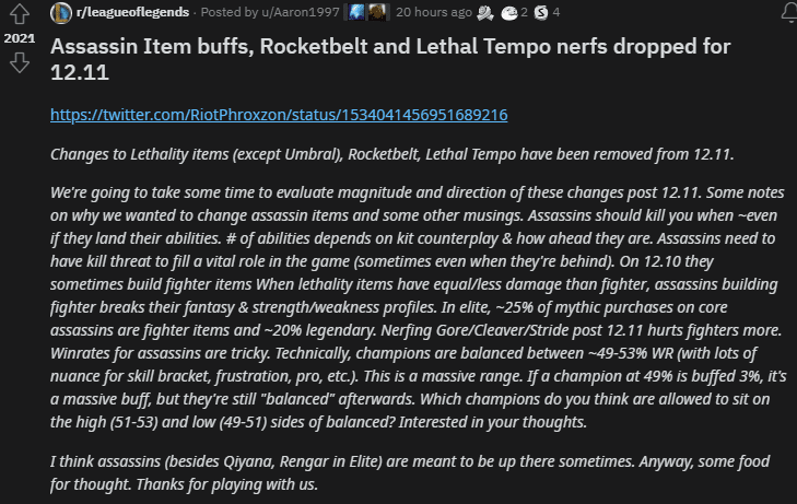 Riot Phroxzon shared that nerfing Fighter items in the next patch would lead Assassins to use Lethality items again and they need more time to assess their power