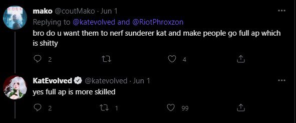 Katevoled himself wants Katarina to return to a full AP playstyle as it showcases skill more clearly than abusing the God Slayer Axe