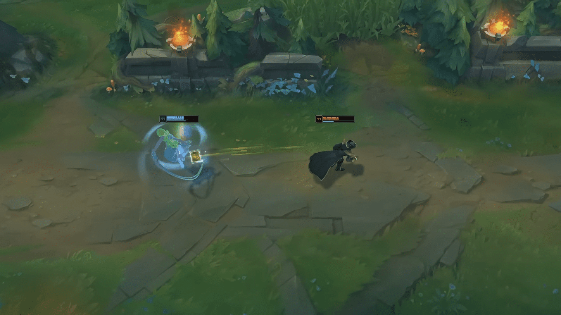 Nilah activates a protective vortex and resists Twisted Fate's Gold Card